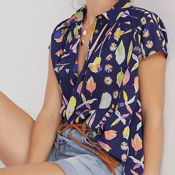 Anthropologie x Luke John Matthew Blossom Surf Top Small Half Button Boxy Blue - Picture 1 of 9